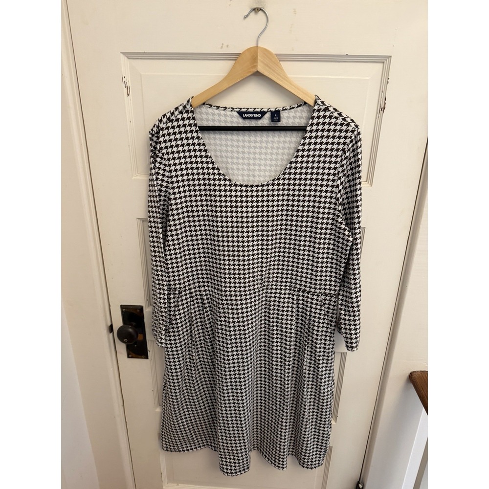 Lands End Women's Brown White Houndstooth Jersey Dress Pockets Retro L (14-16)